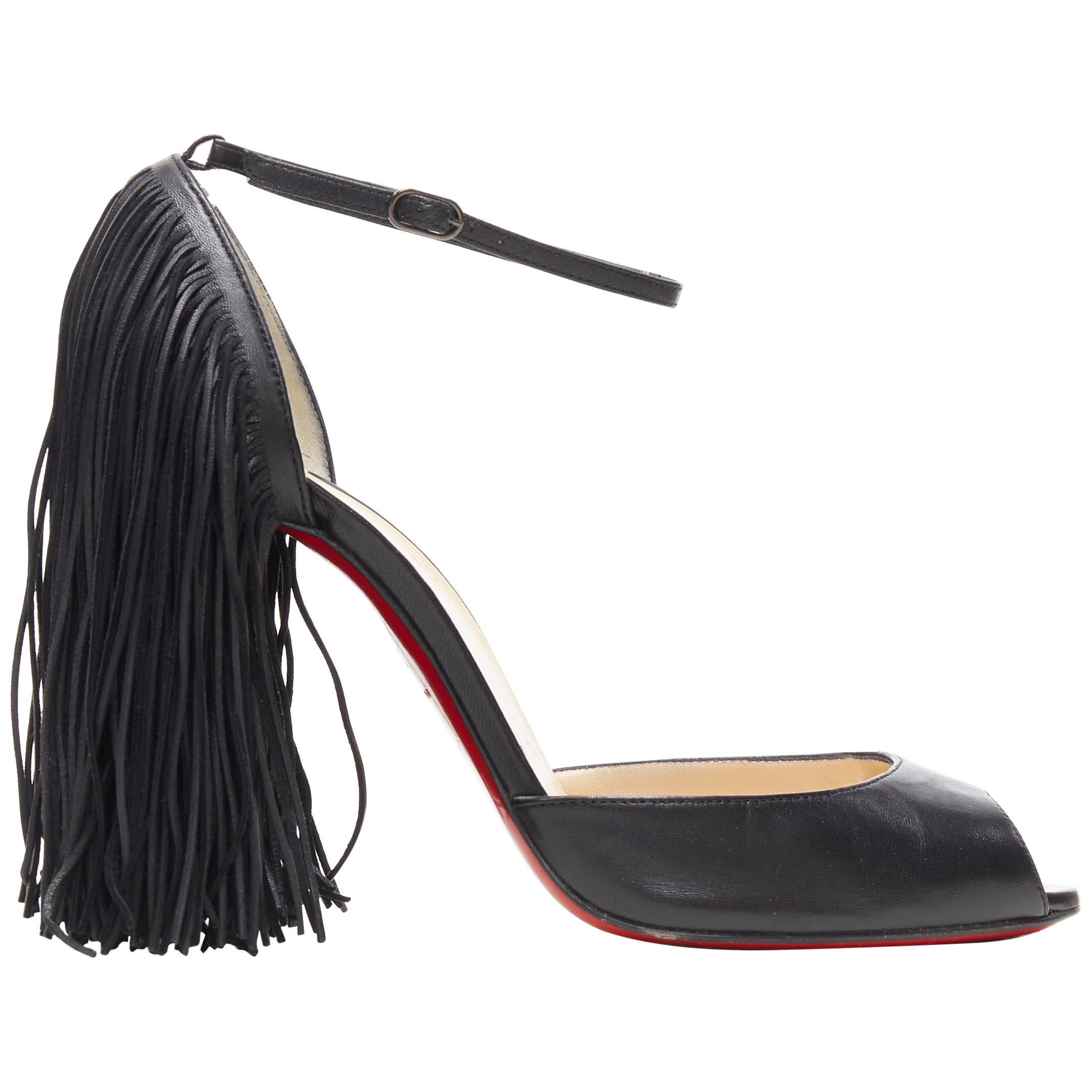 CHRISTIAN LOUBOUTIN Otrot 110 black leather fringe heel peep toe pumps EU37