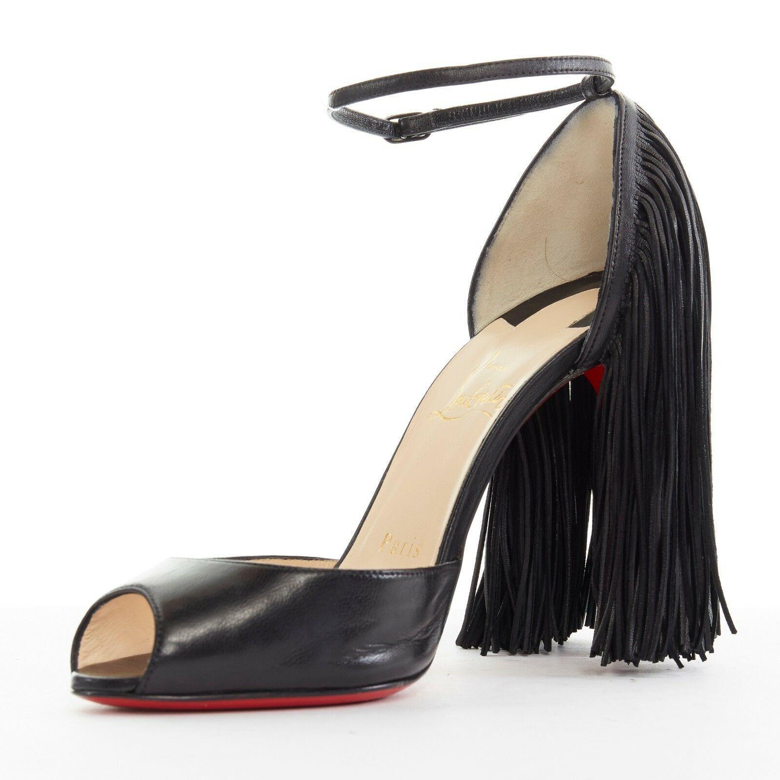CHRISTIAN LOUBOUTIN Otrot 120 black leather fringe heel peep toe pumps EU37 US7 In Excellent Condition In Hong Kong, NT