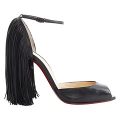 CHRISTIAN LOUBOUTIN Otrot 120 black leather fringe heel peep toe pumps EU37 US7