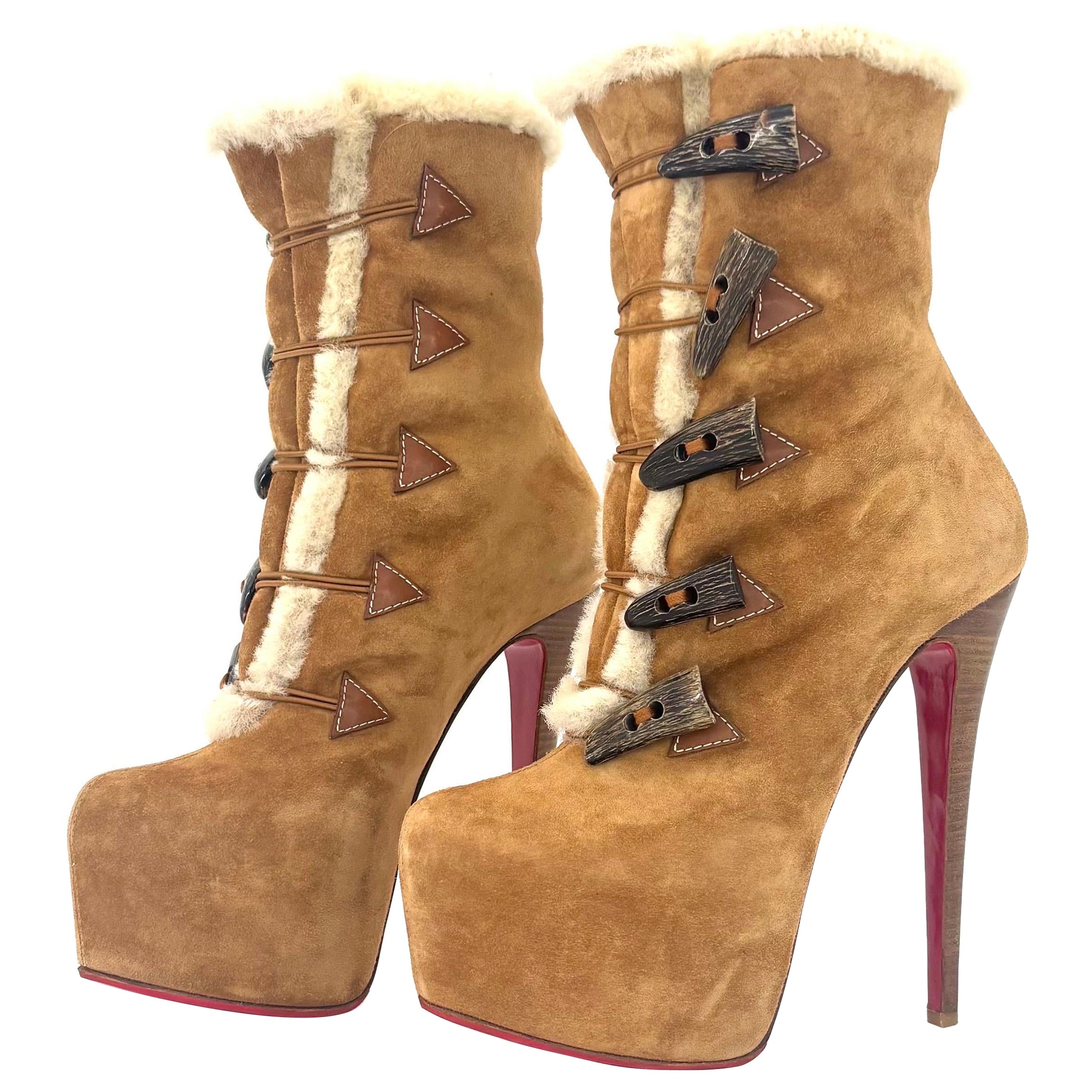 Pre-owned Christian Louboutin Oulanbator 160 Shearling Horn Toggle Platform Booty 37.5 In Brown
