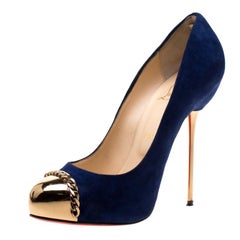 Christian Louboutin Oxford Blue Metallip Chain Metal Cap Toe Pumps Size 37.5