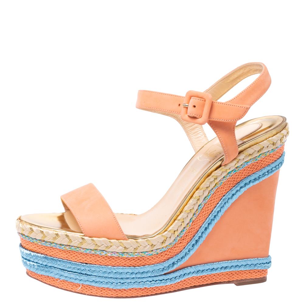 Christian Louboutin Pale Orange Leather New Duplice Ankle Strap Wedges Size 38 In Good Condition In Dubai, Al Qouz 2