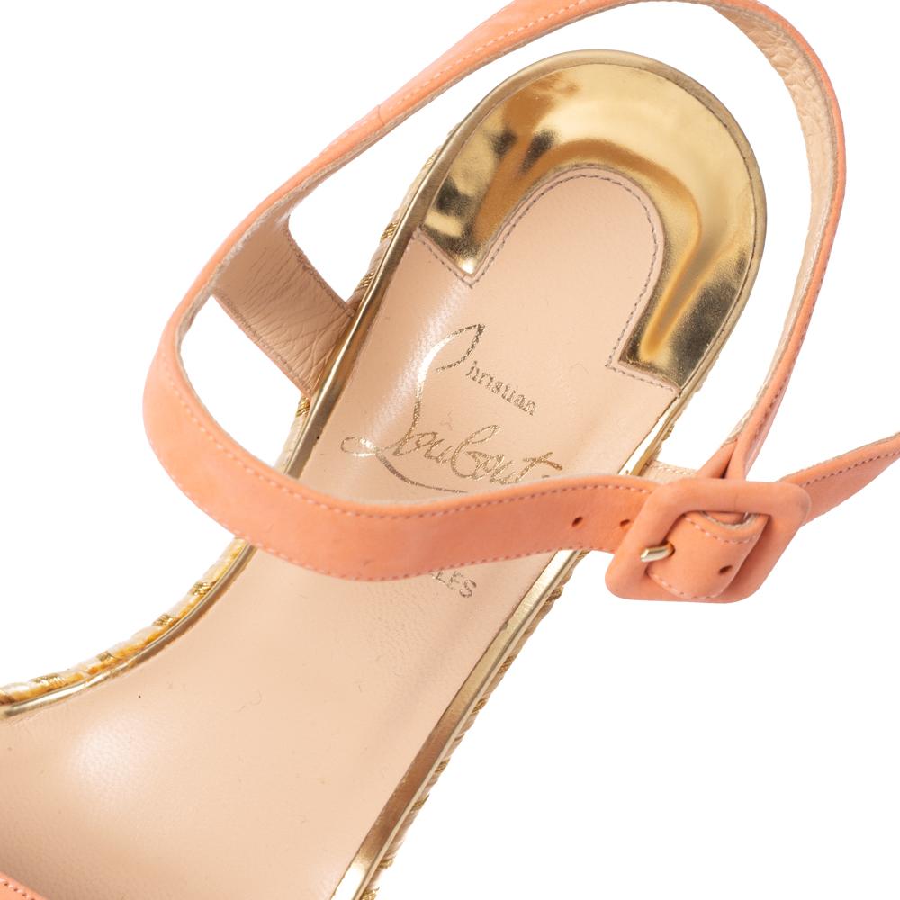 Women's Christian Louboutin Pale Orange Leather New Duplice Ankle Strap Wedges Size 38