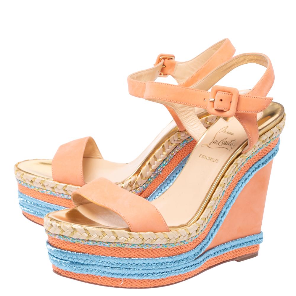Christian Louboutin Pale Orange Leather New Duplice Ankle Strap Wedges Size 38 1