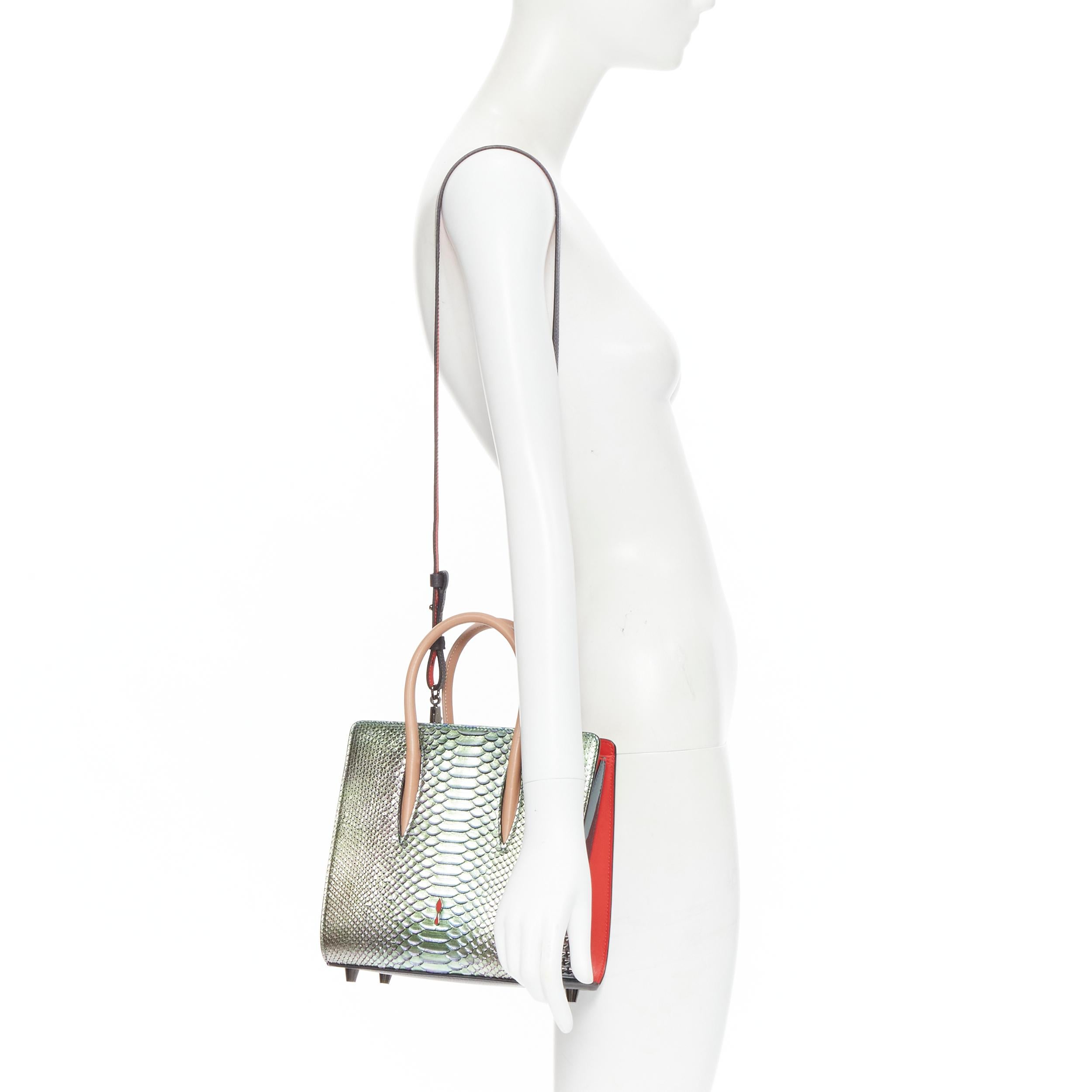 CHRISTIAN LOUBOUTIN Paloma iridescent snakeskin green patent crossbody satchel 
Reference: TGAS/B01462 
Brand: Christian Louboutin 
Designer: Christian Louboutin 
Model: Paloma bag 
Material: Leather 
Color: Green 
Pattern: Solid 
Closure: Magnet