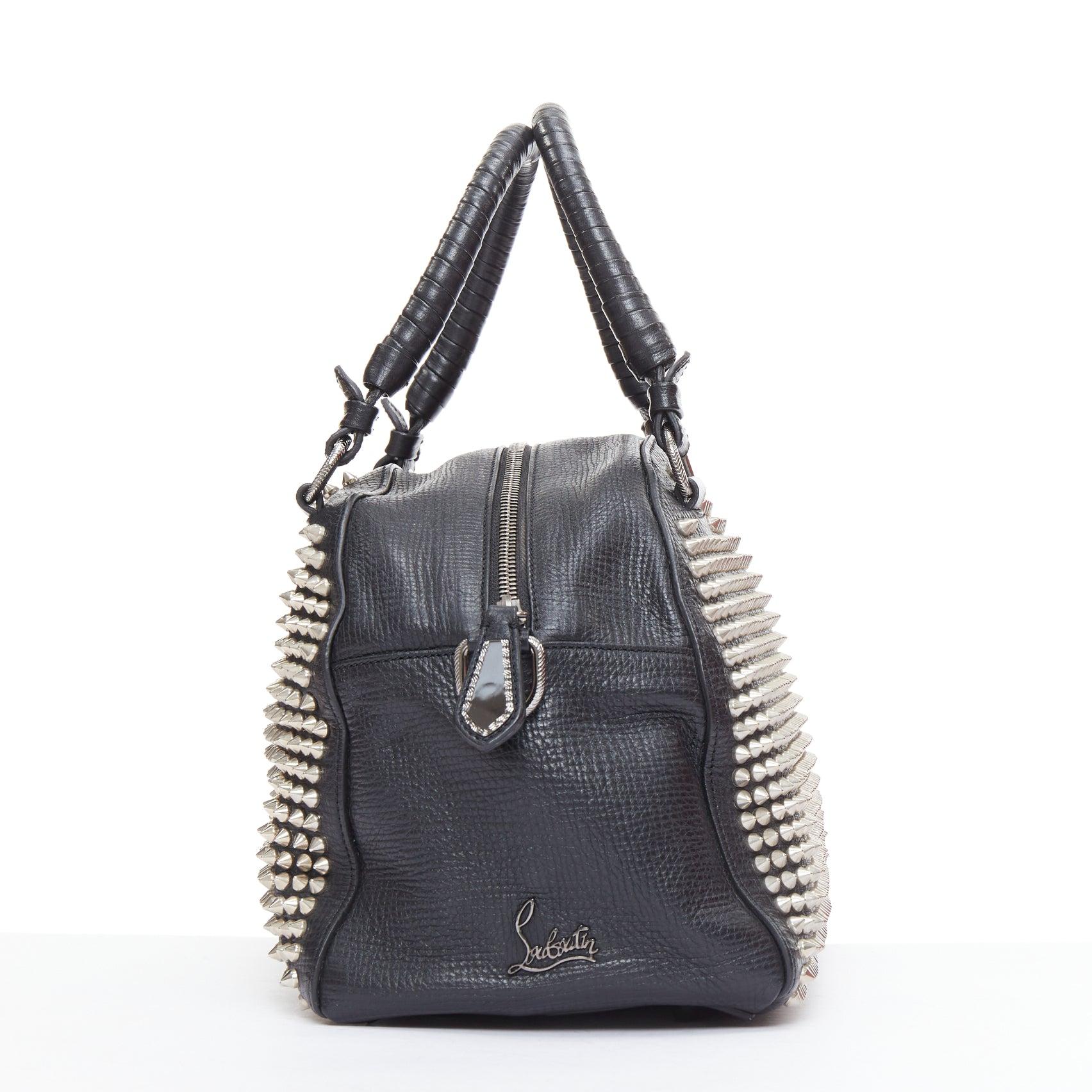 CHRISTIAN LOUBOUTIN Panettone black leather silver spike stud bowling bag In Good Condition In Hong Kong, NT