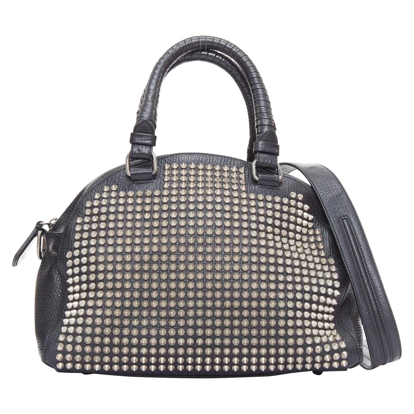 CHRISTIAN LOUBOUTIN Panettone black leather silver spike stud bowling bag