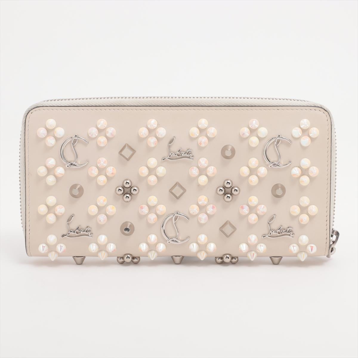 Beige Christian Louboutin Panettone Rock Studs Leather Zip Round Wallet Ivory For Sale