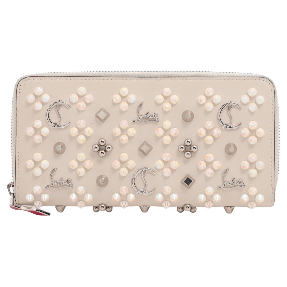 Christian Louboutin Panettone Rock Studs Leather Zip Round Wallet Ivory For Sale