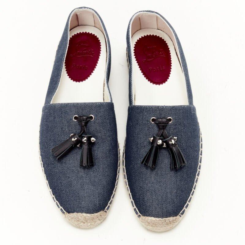 CHRISTIAN LOUBOUTIN Papiougomme blue denim stud tassel espadrille shoes EU42
Reference: TGAS/C01143
Brand: Christian Louboutin
Model: Papiougomme
Material: Denim
Color: Blue
Pattern: Solid
Lining:  Leather
Extra Details: Indigo denim upper. Black