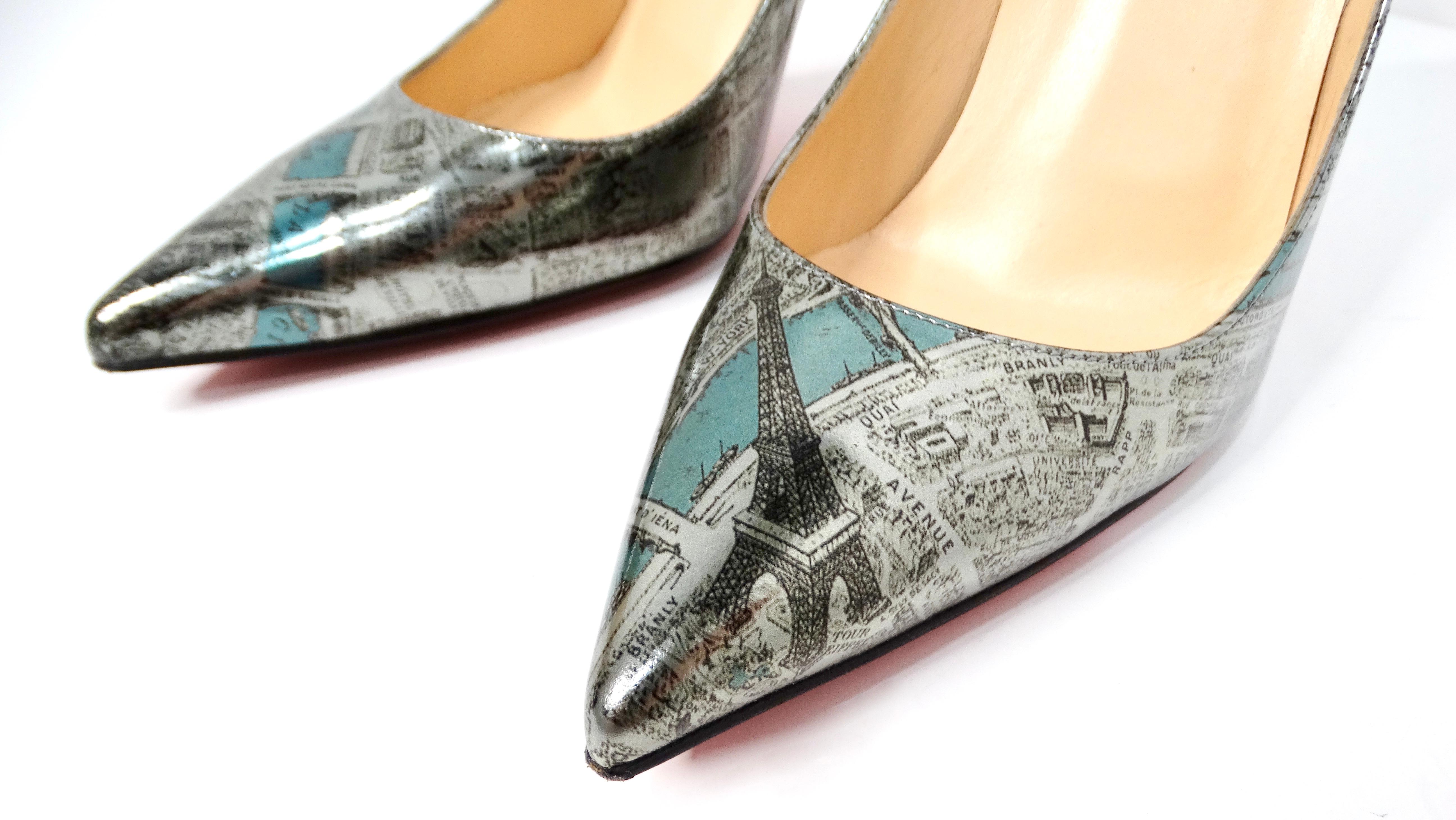 Beige Christian Louboutin Paris Map Metallic Patent Leather Decolette Stiletto Pumps For Sale