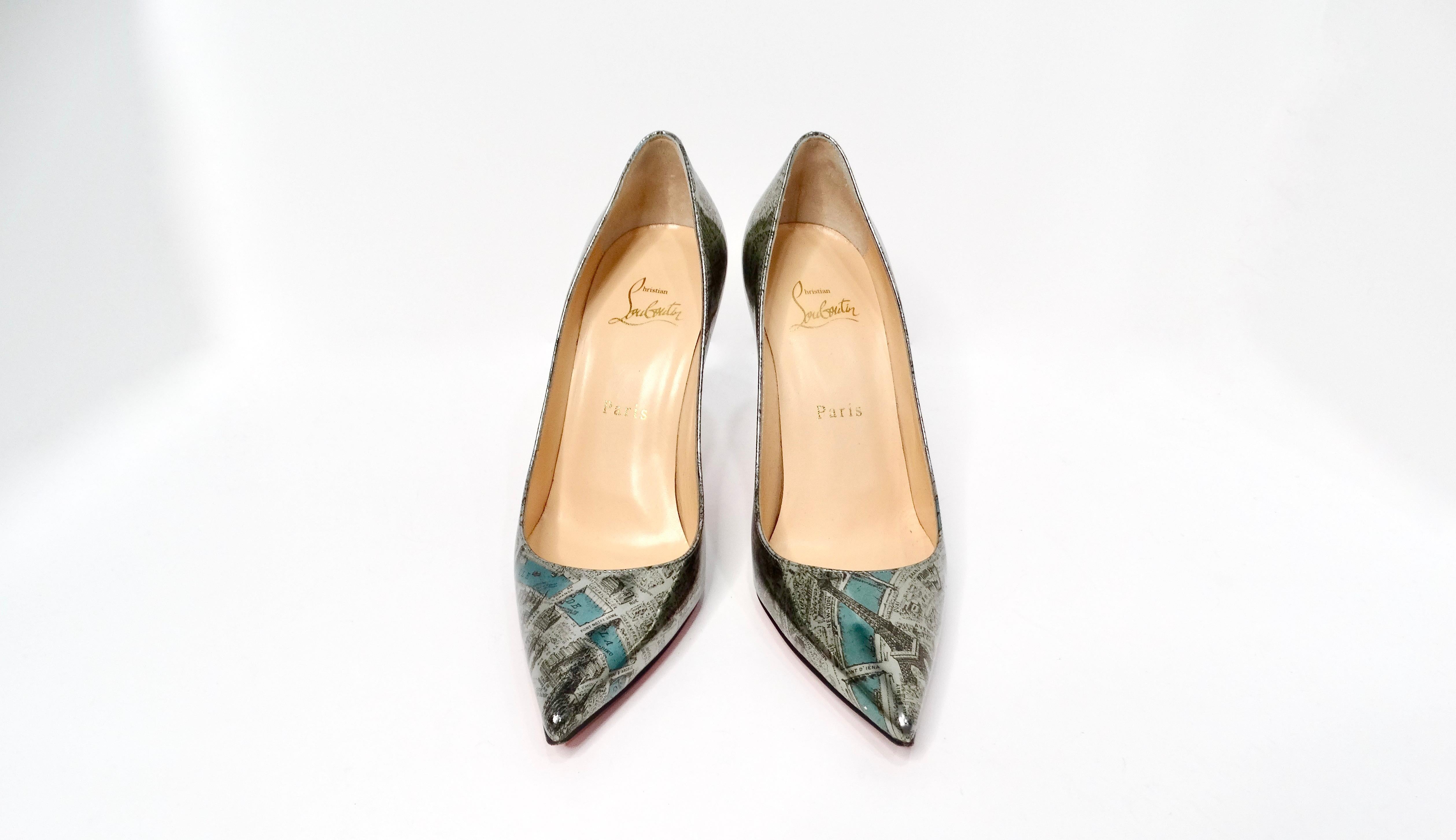 Christian Louboutin Paris Map Metallic Patent Leather Decolette Stiletto Pumps In Good Condition For Sale In Scottsdale, AZ