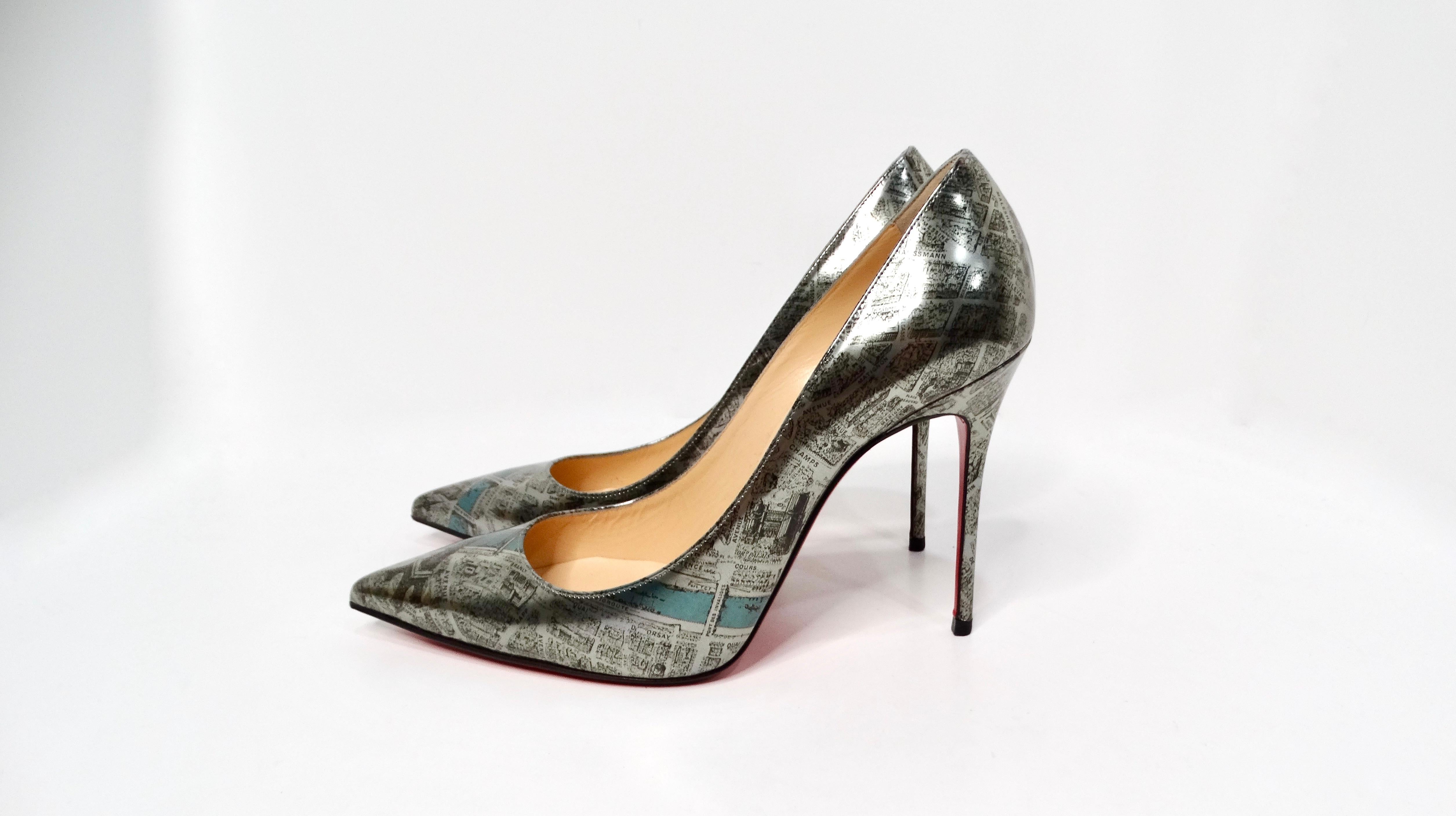 Christian Louboutin Paris Map Metallic Patent Leather Decolette Stiletto Pumps For Sale 1