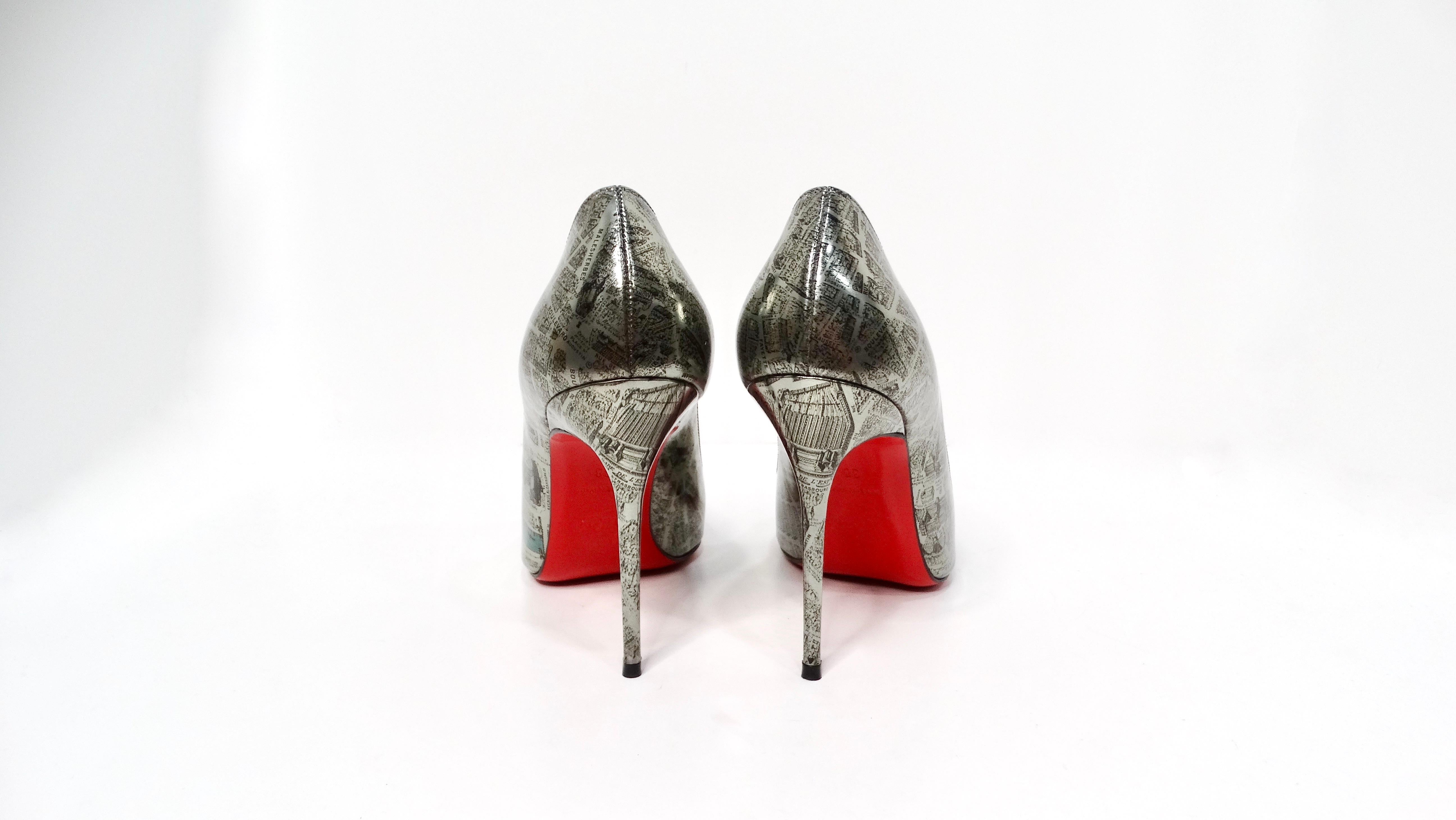 Christian Louboutin Paris Map Metallic Patent Leather Decolette Stiletto Pumps For Sale 2