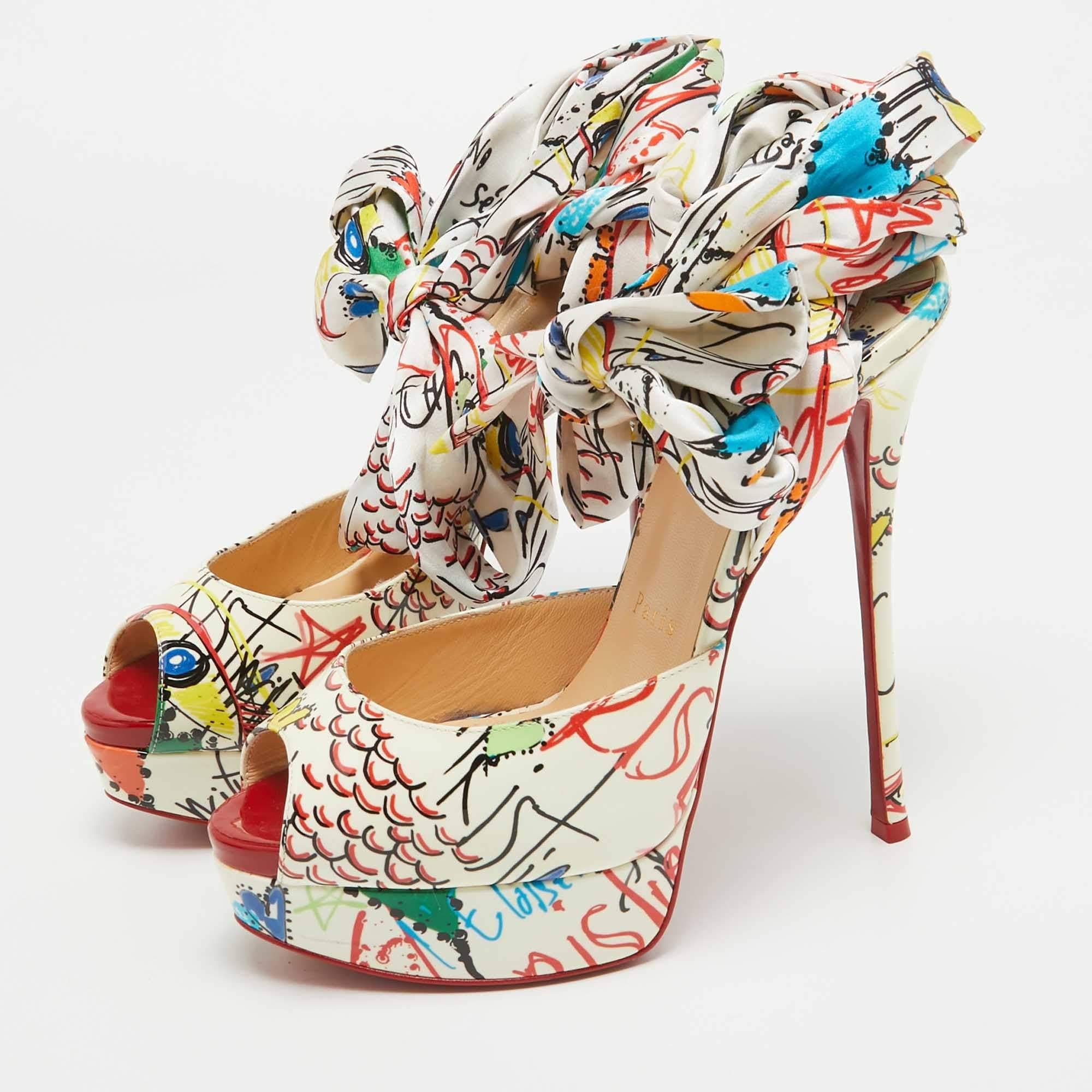 Beige Christian Louboutin Patent and Satin Jersey Vamp Graffiti Sandals Size 38
