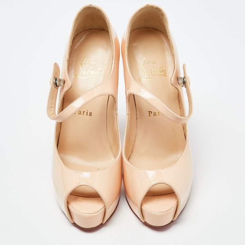 Beige Christian Louboutin Patent Leather Alta Mary Jane Platform Peep Toe Pumps 37 For Sale