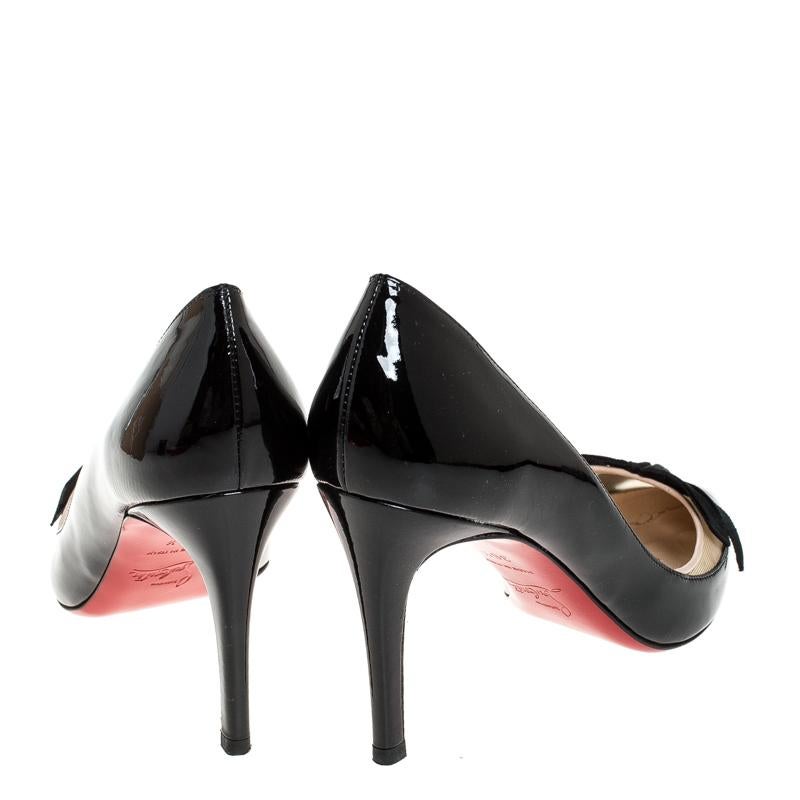 Black Christian Louboutin Patent Leather and Mesh Bow Pointed Toe Pumps Size 36.5