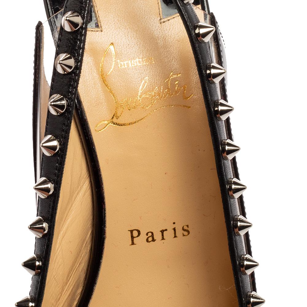 Rock these Christian Louboutin spike pumps at the next party! They have been crafted from patent leather and PVC into a slingback design and come with comfortable insoles. Pair the chic 10.5 cm heels with leather jackets for an edgy