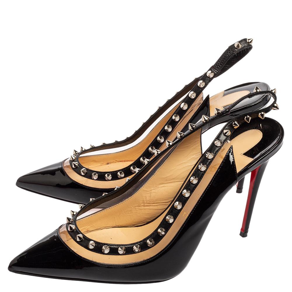 Women's Christian Louboutin Patent Leather and Spike Slingback Pumps Size 38.5