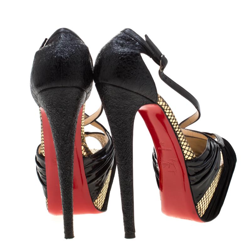 Black Christian Louboutin Patent Leather And Suede Cross Strap Platform Sandals 38