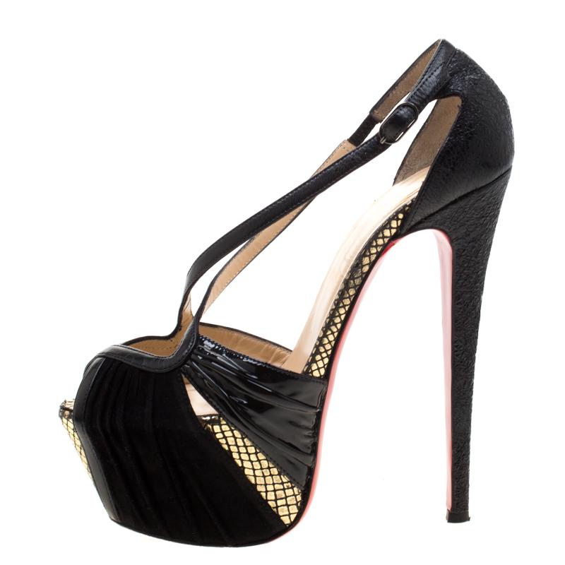Women's Christian Louboutin Patent Leather And Suede Cross Strap Platform Sandals 38