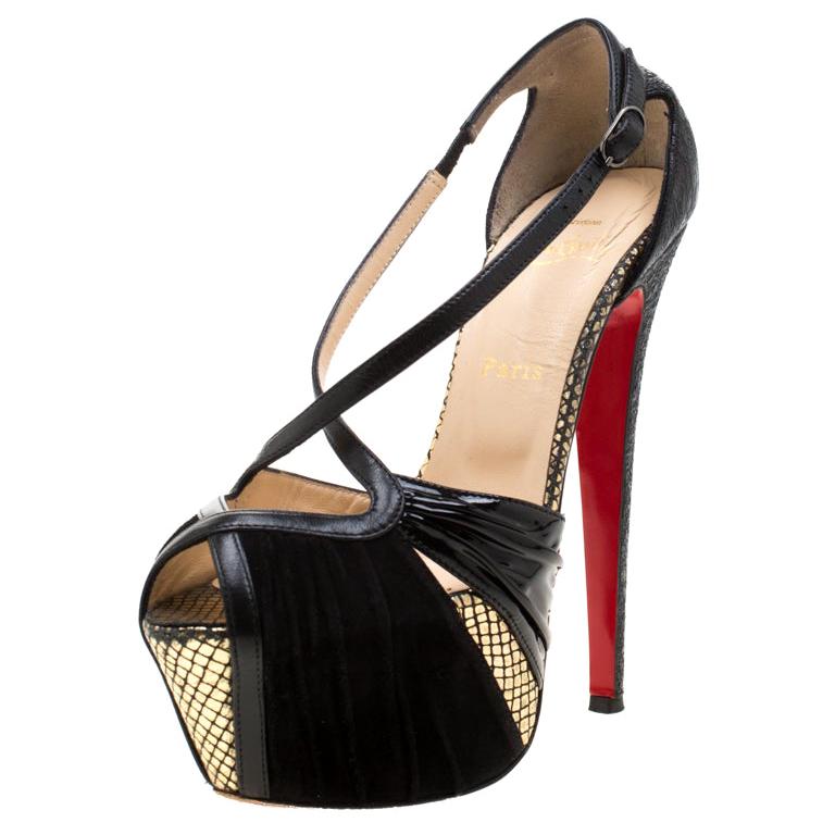 Christian Louboutin Patent Leather And Suede Cross Strap Platform Sandals 38
