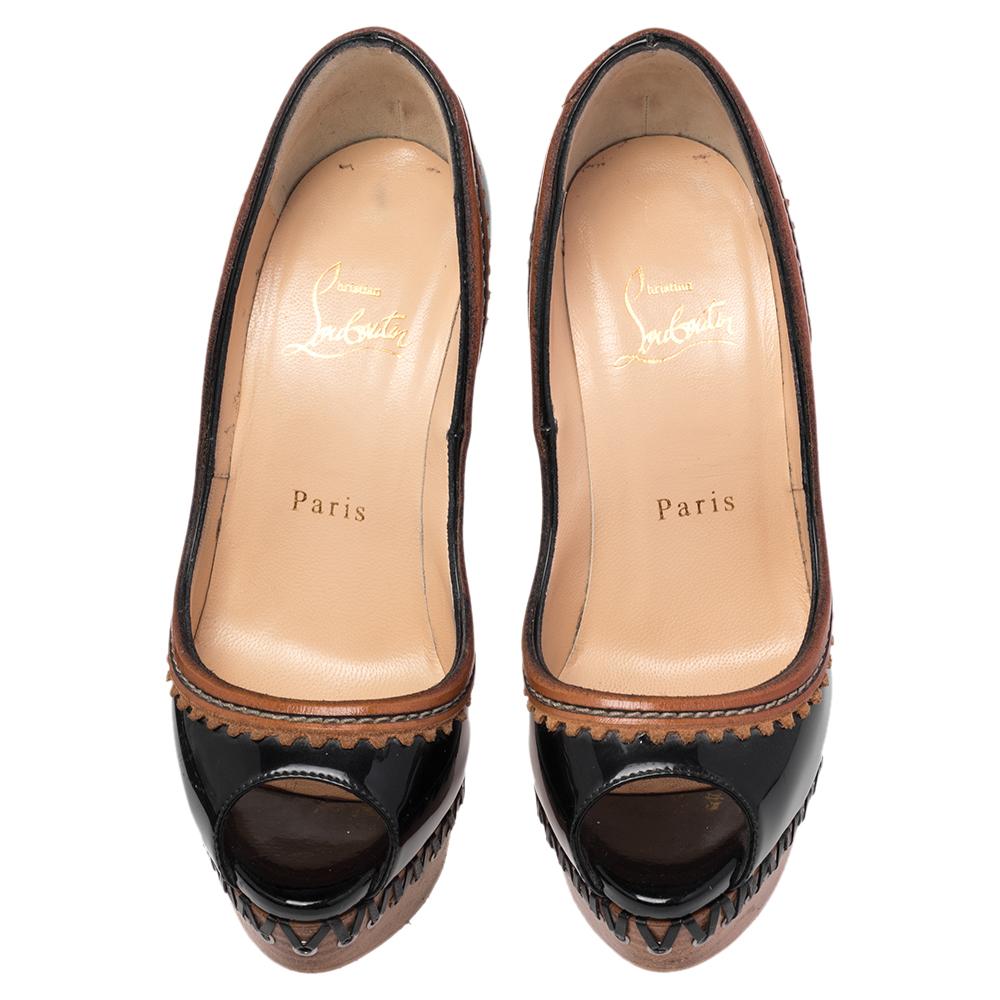 Brown Christian Louboutin Patent Leather and Wood Trepi Prive Peep Toe Pumps Size 35