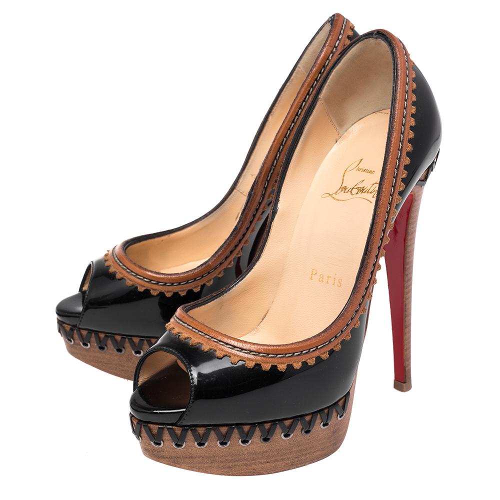 Christian Louboutin Patent Leather and Wood Trepi Prive Peep Toe Pumps Size 35 In Good Condition In Dubai, Al Qouz 2