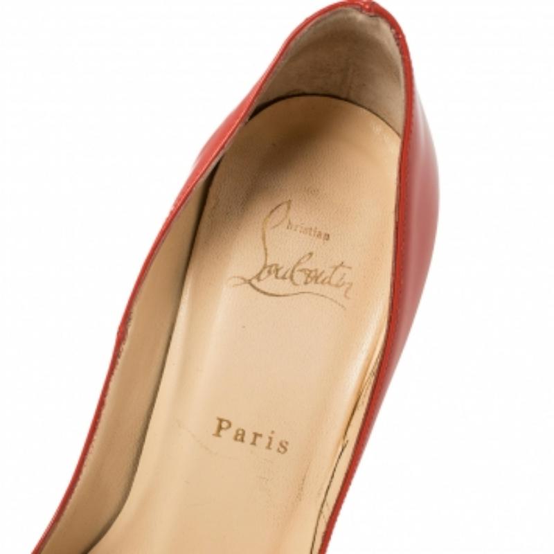 Orange Christian Louboutin Patent Leather & Cork Lady Peep Toe Platform Pumps Size 38.5 For Sale