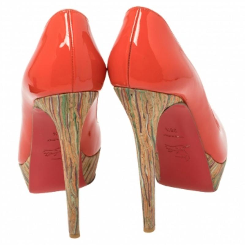 Christian Louboutin Patent Leather & Cork Lady Peep Toe Platform Pumps Size 38.5 For Sale 1