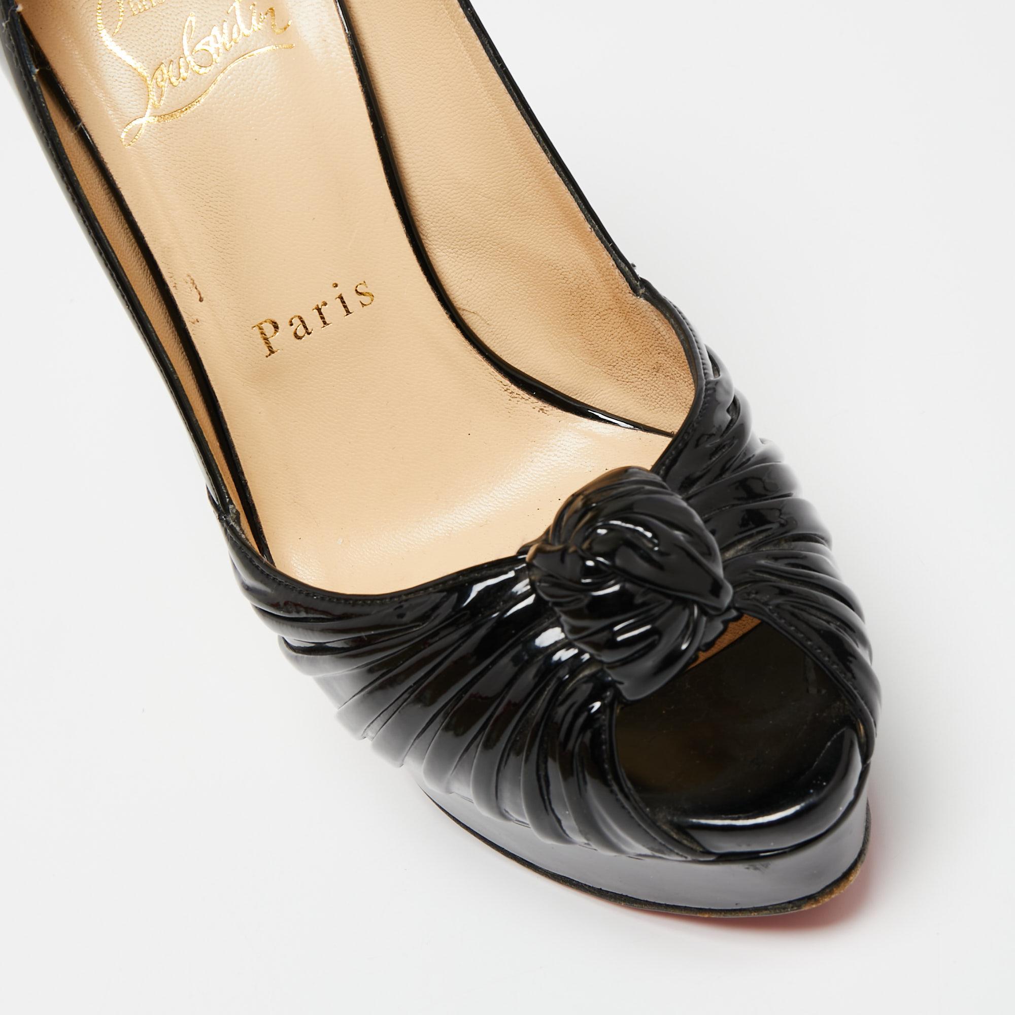 Black Christian Louboutin Patent Leather Jenny Knot Peep-Toe Platform Pumps Size 37