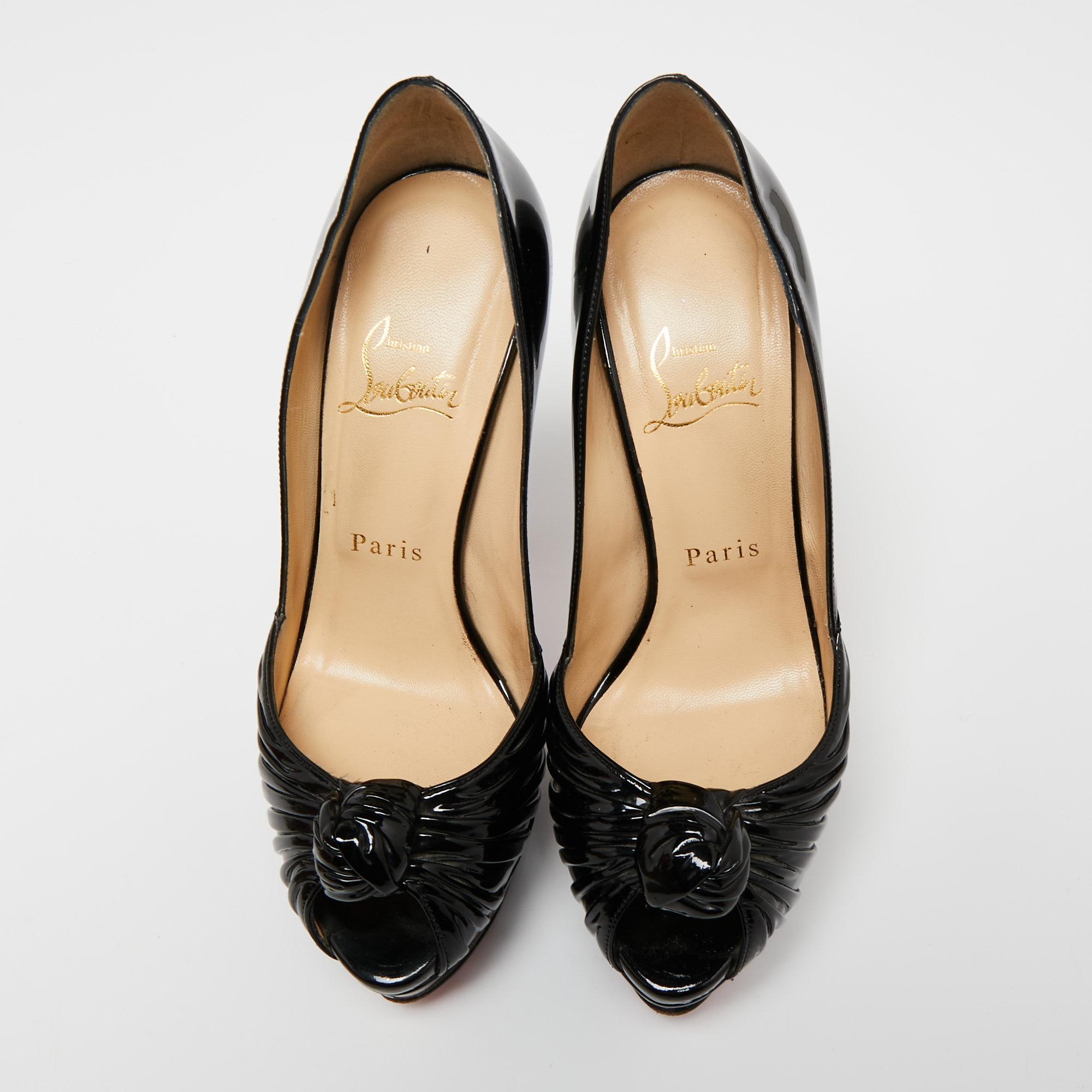 Christian Louboutin Patent Leather Jenny Knot Peep-Toe Platform Pumps Size 37 In Good Condition In Dubai, Al Qouz 2