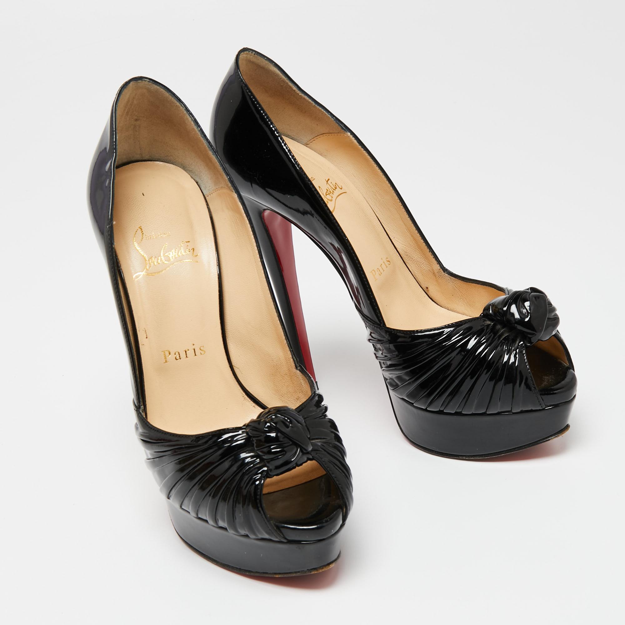 Women's Christian Louboutin Patent Leather Jenny Knot Peep-Toe Platform Pumps Size 37