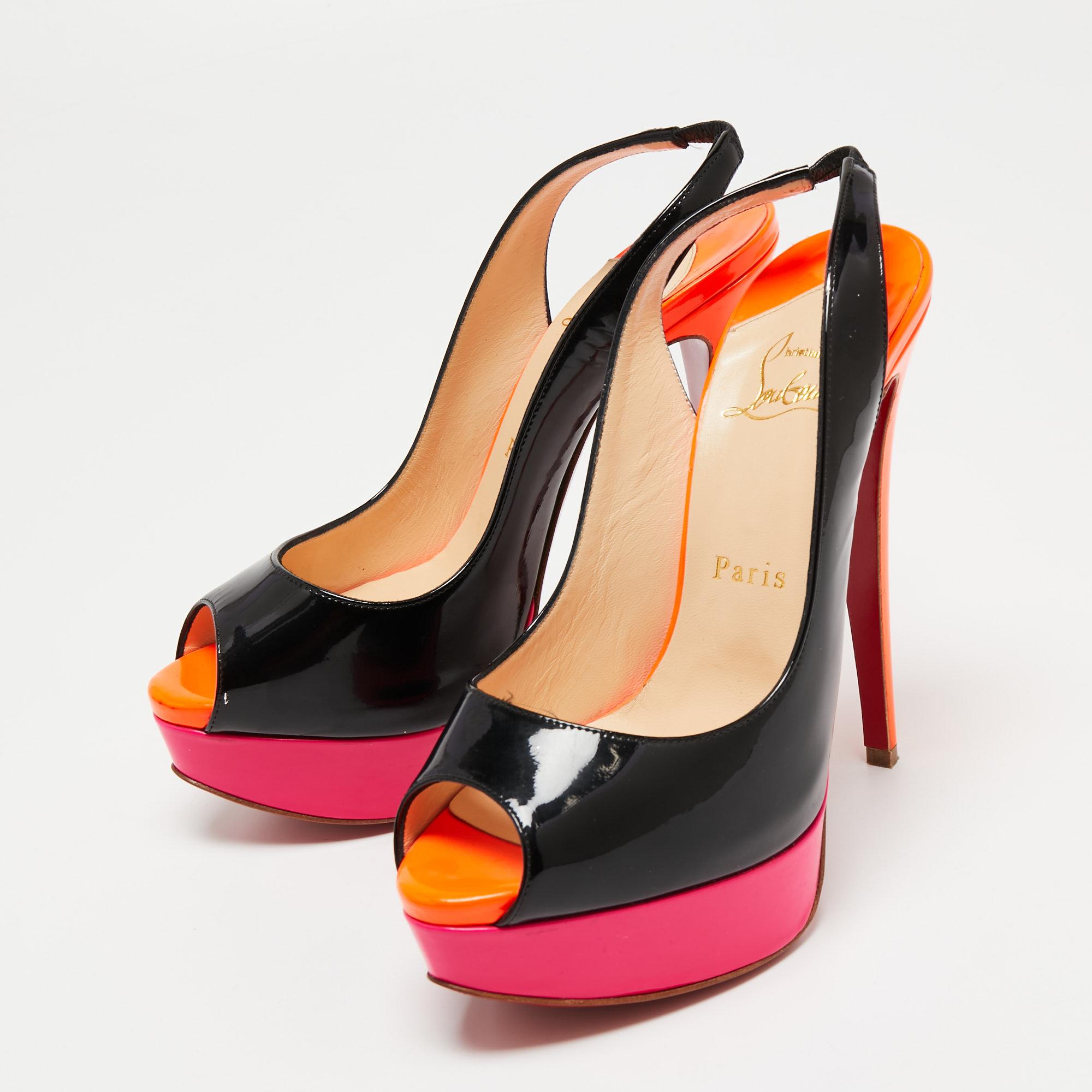 Stand out from the crowd with this classy pair of Louboutins that exude high fashion with class. Crafted from patent leather, this is a creation from their Lady Peep collection. It is eye-catching with a tri-color silhouette and exhibits peep toes