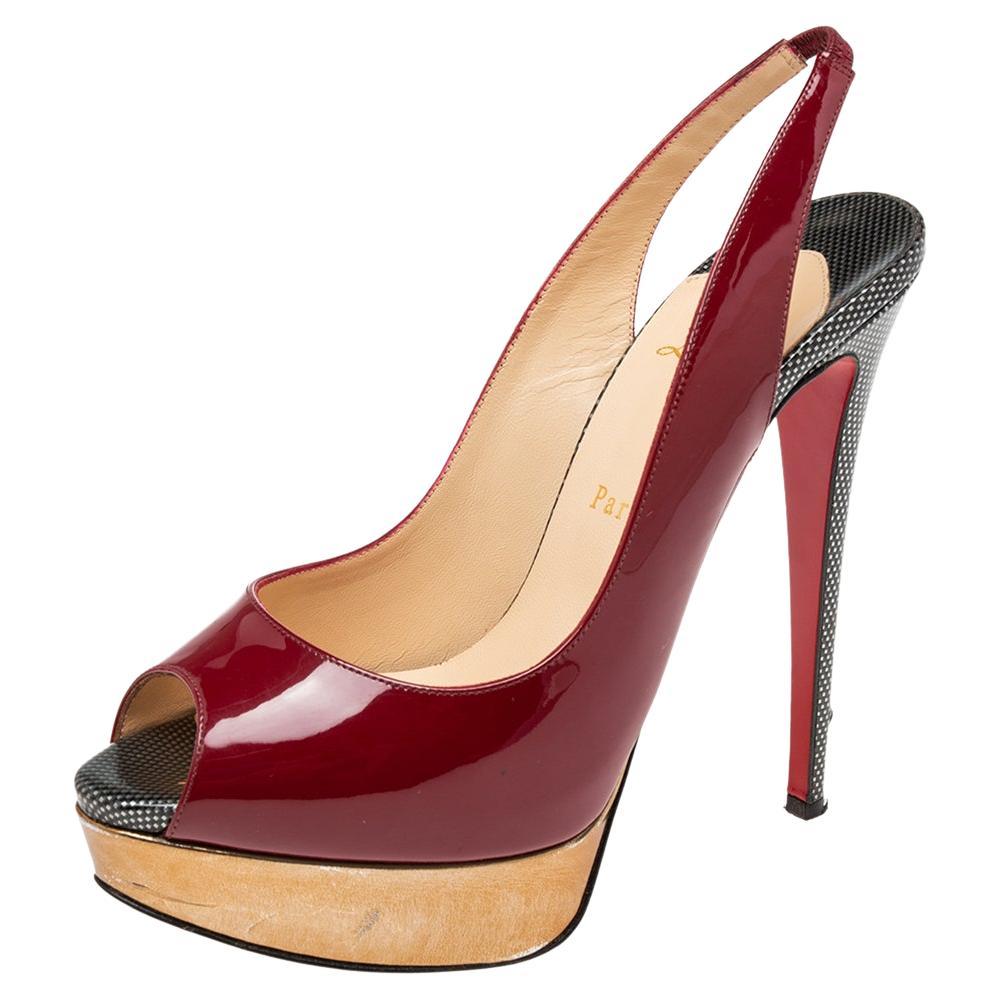 Christian Louboutin Patent Leather Lady Peep-Toe Slingback Pumps Size 39.5 For Sale