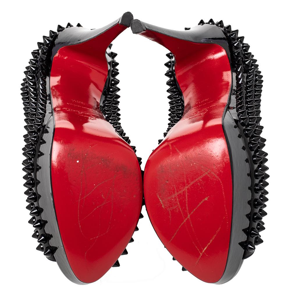 Black Christian Louboutin Patent Leather Lady Peep Toe Spike Platform Pumps Size 36.5