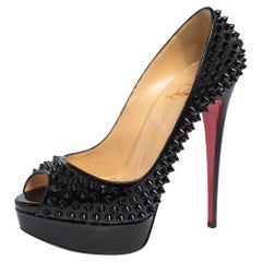 Christian Louboutin Patent Leather Lady Peep Toe Spike Platform Pumps Size 37.5