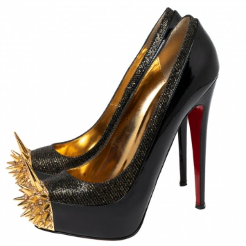 Christian Louboutin cuir verni et tissu Lurex - Escarpins à pointes astéroïdes Taille 39.5 en vente 3