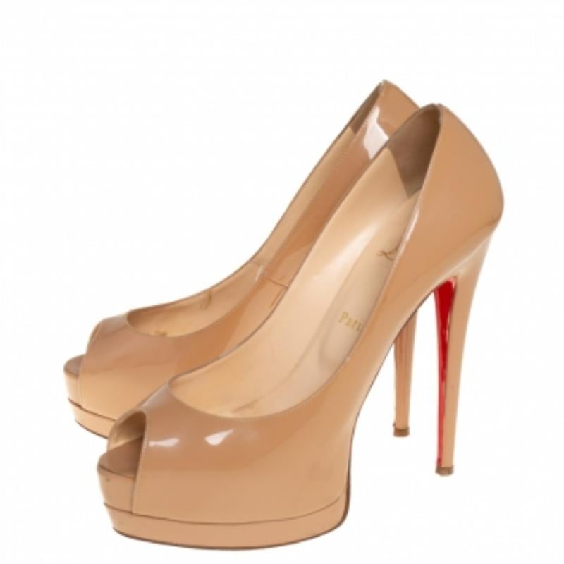 Beige Christian Louboutin Patent Leather Palais Royal Peep Toe Platform Pumps Size40.5 For Sale