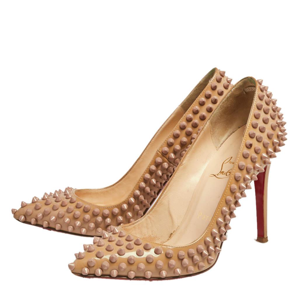 Brown Christian Louboutin Patent Leather Pigalle Spikes Pointed Toe Pumps Size 38 For Sale