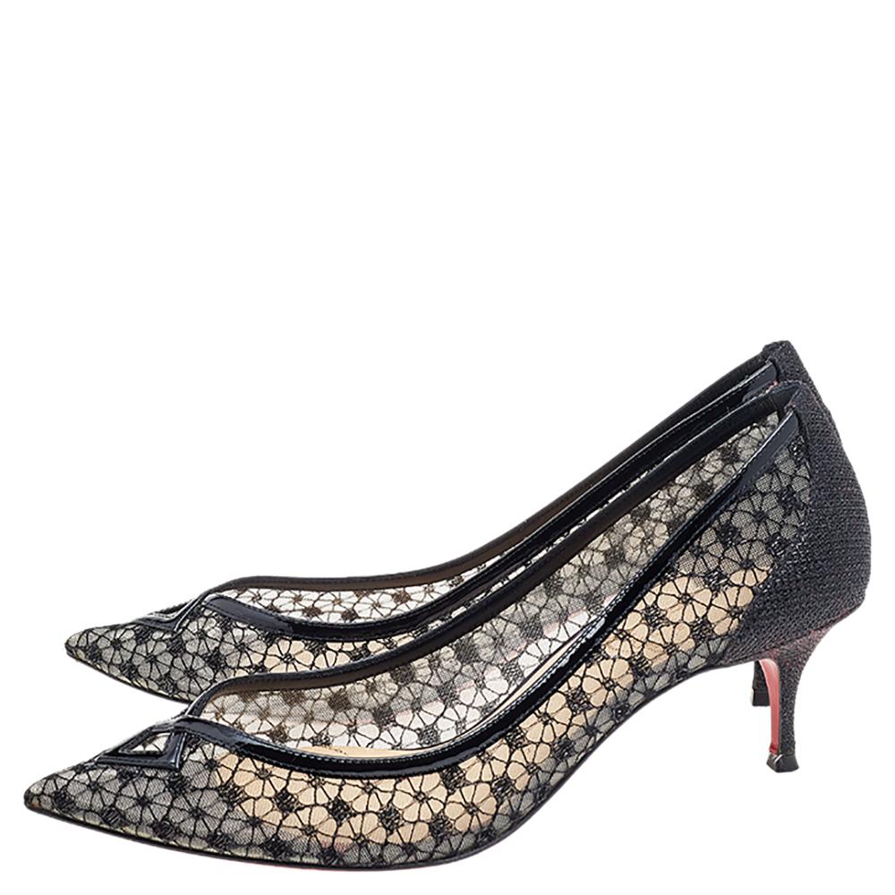 These kitten heel pumps designed by Christian Louboutin have been created using mesh and patent leather into a pointed-toe silhouette. Their attractive silhouette makes these pumps ideal to be worn with both formals and casuals.

