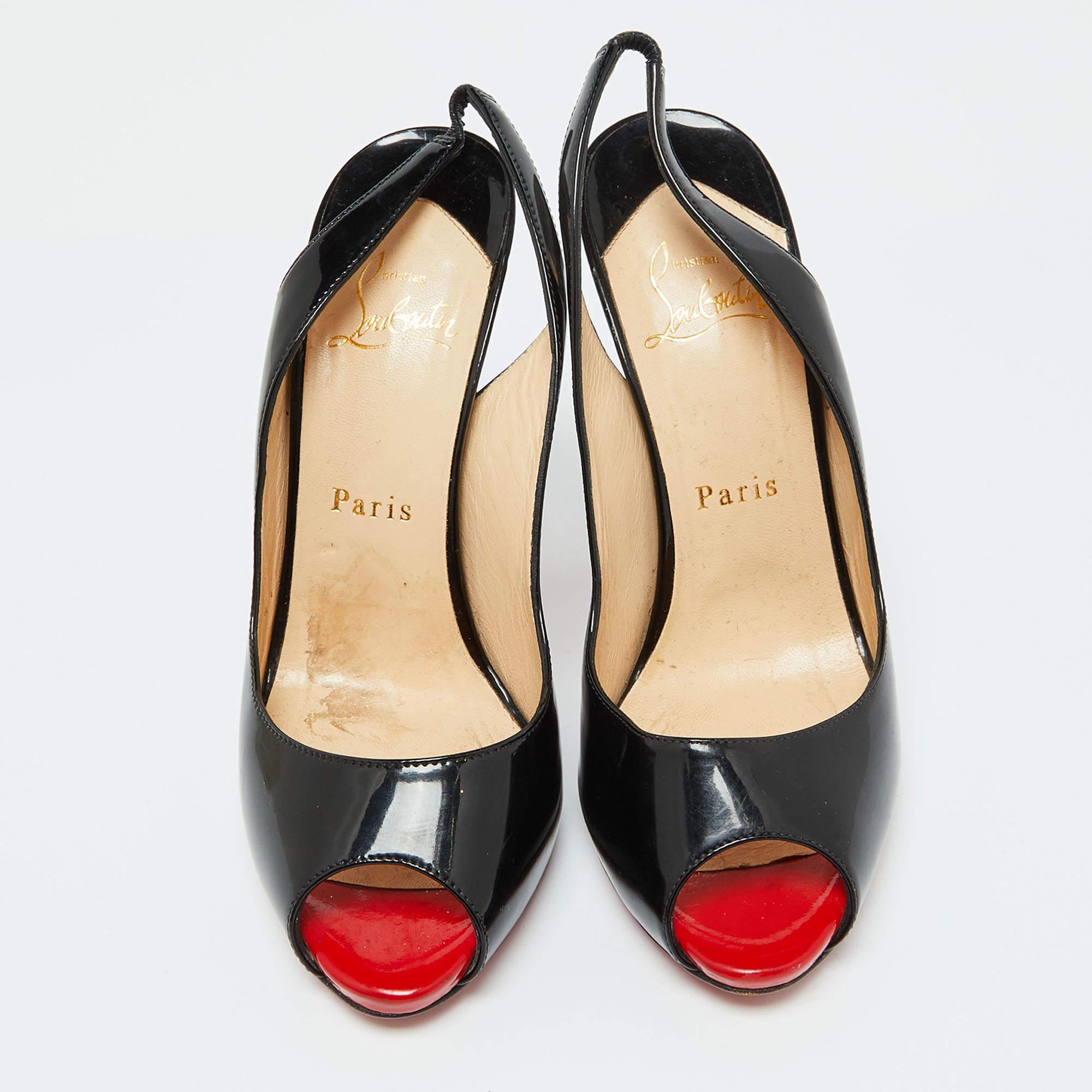 Black Christian Louboutin Patent Leather Private Number Slingback Sandals Size 37.5
