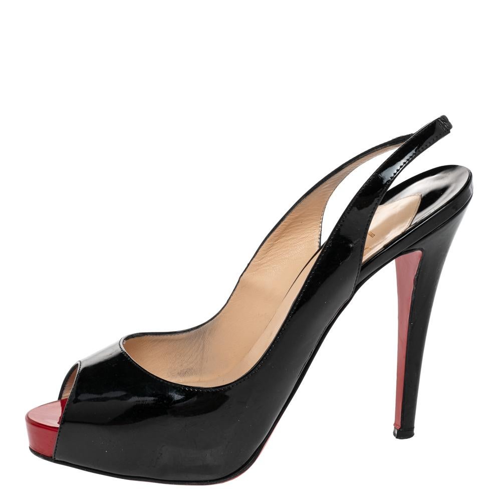 Stand out from a crowd with this gorgeous pair of Louboutins that exude high fashion with class! Crafted from patent leather, this is a creation from their Lady Peep collection. They feature a classic black shade with peep toes and a glossy