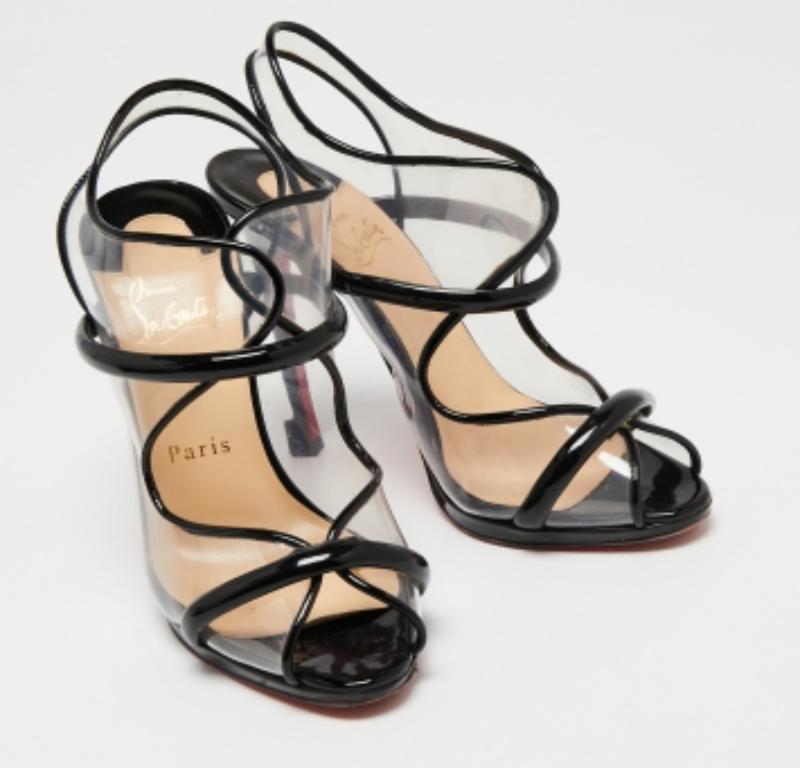 Women's Christian Louboutin Patent Leather & PVC Aqua Ronda Slingback Sandals Size 36.5 For Sale