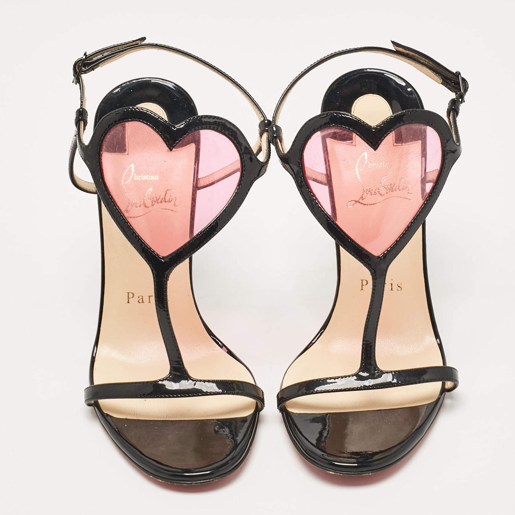 Beige Christian Louboutin Patent Leather PVC Cora Heart Ankle Strap Sandals Size 36