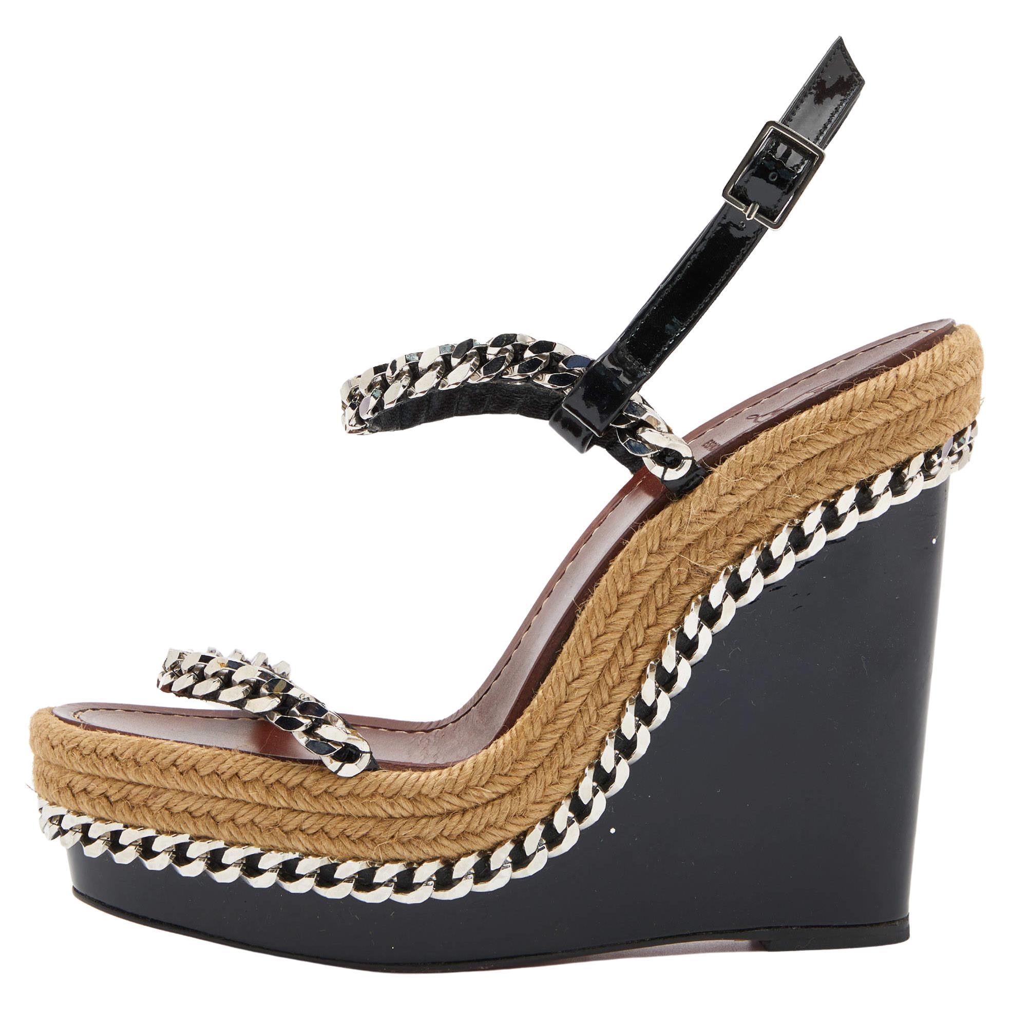 Christian Louboutin Patent Leather Pyraclou Espadrille Wedge Sandals Size 39 For Sale