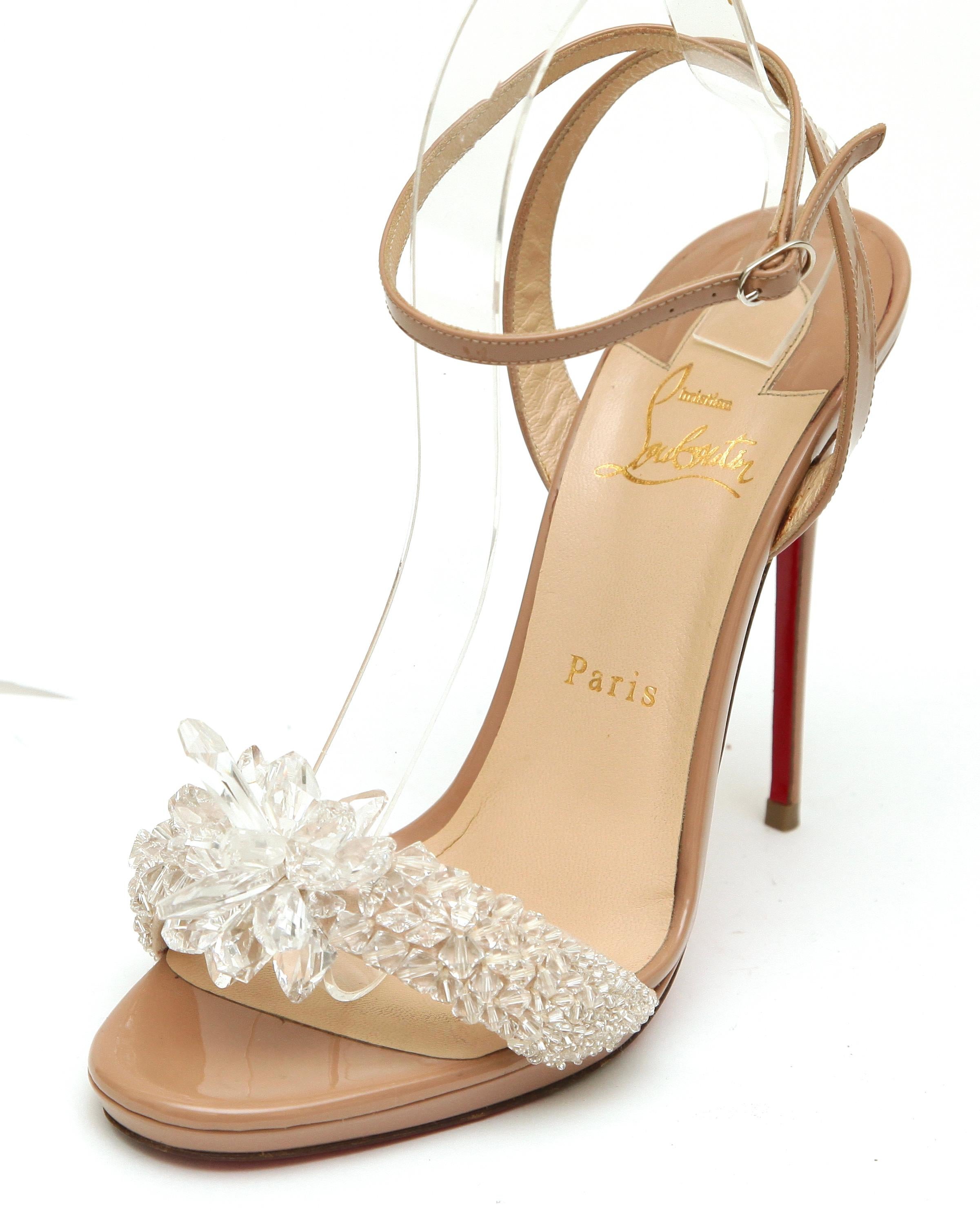 CHRISTIAN LOUBOUTIN Patent Leather Sandal CRYSTAL QUEEN Heel Ankle Strap 39 In Good Condition For Sale In Hollywood, FL