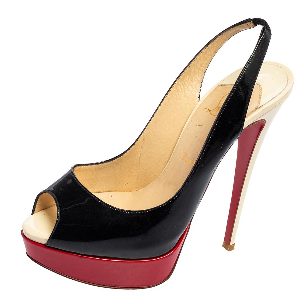 Christian Louboutin Patent Leather Slingback Lady Peep Toe Sandals Size 38.5 1