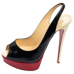 Used Christian Louboutin Patent Leather Slingback Lady Peep Toe Sandals Size 38.5