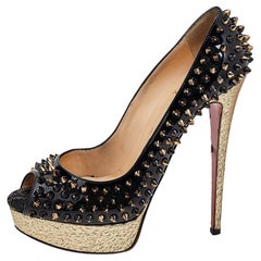 Christian Louboutin Patent Leather Spiked Lady Peep Toe Platform Pumps Size 39